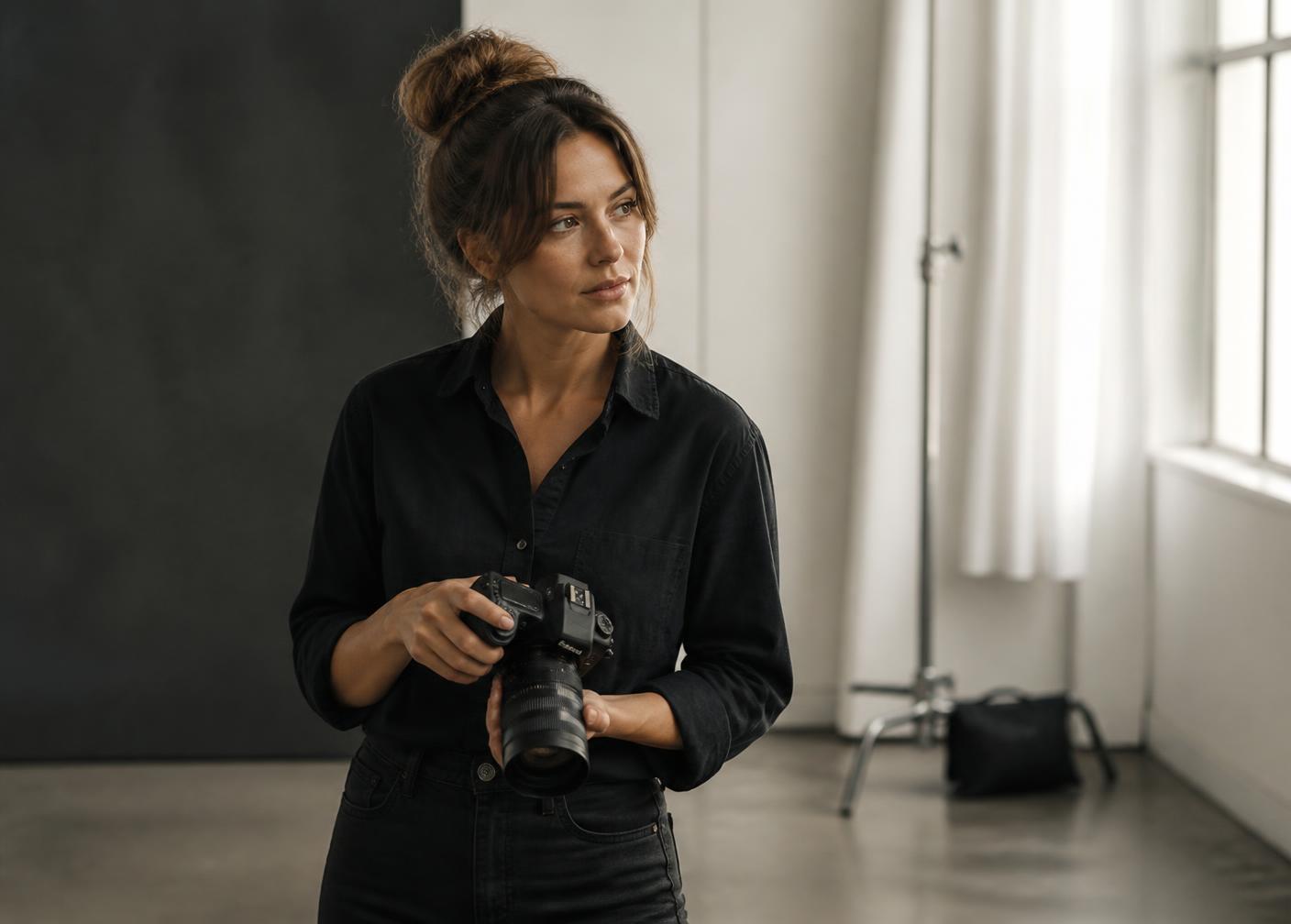 Photographer holding a professional camera in a minimal studio