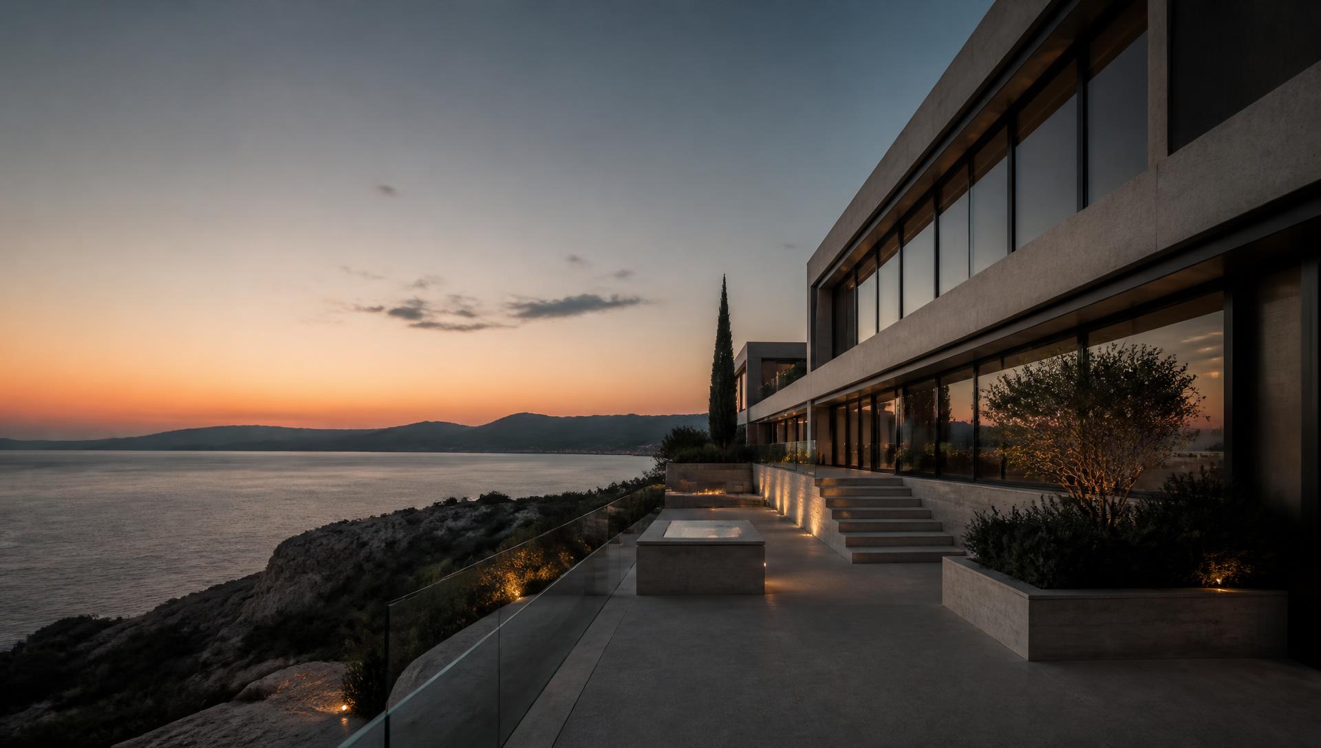 Contemporary Mediterranean building overlooking the sea at dusk