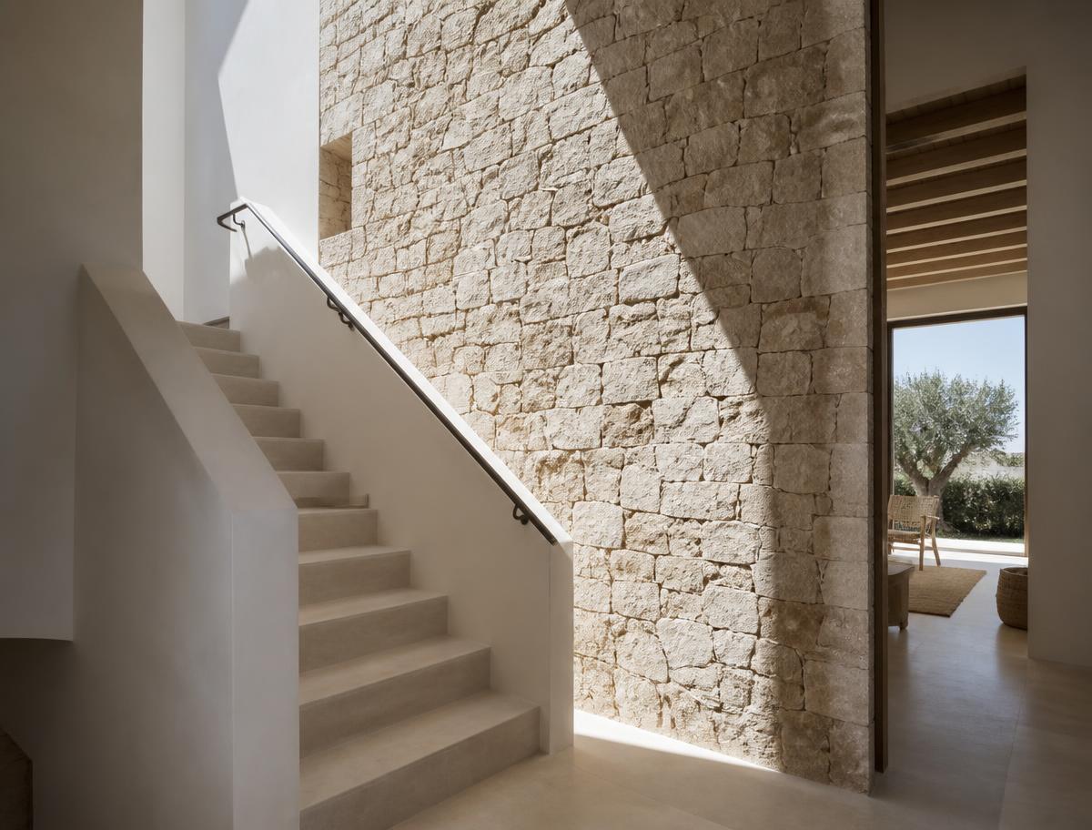 Minimal stone and plaster interior with natural light