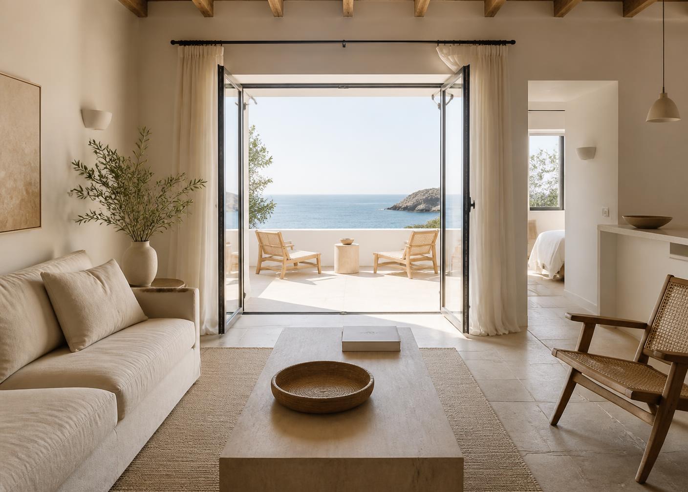 Bright minimal Mediterranean apartment interior with sea view